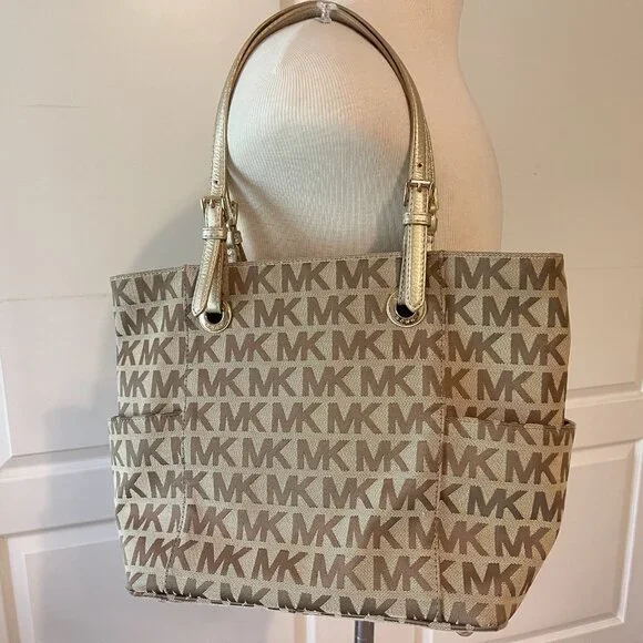 Michael Kors Jet Set Signature Logo Tote Handbag Large Brown Side Pockets - Picture 3 of 16